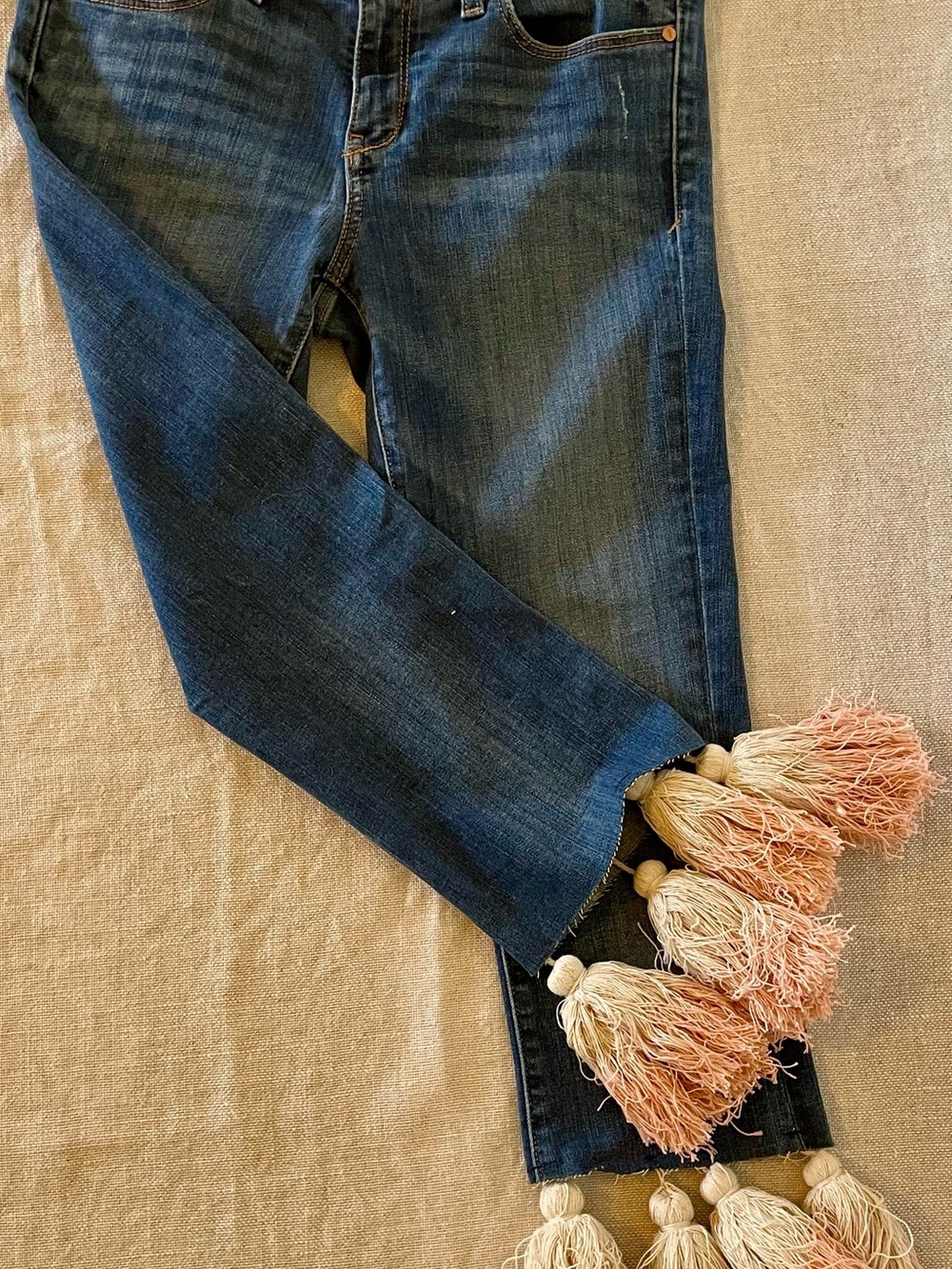 Pilcro Dark Blue Cropped Jeans with Pink-Cream Tassel Trim